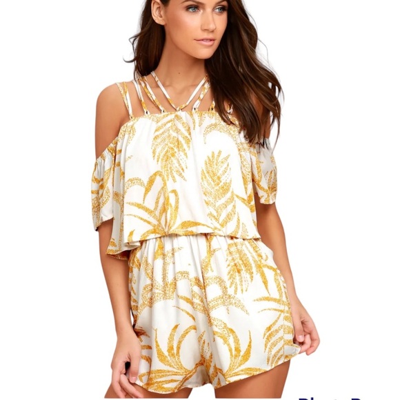 MINKPINK Paradise Strappy Off Shoulder Flutter Sleeve Leaf Print Romper Small - Picture 1 of 8